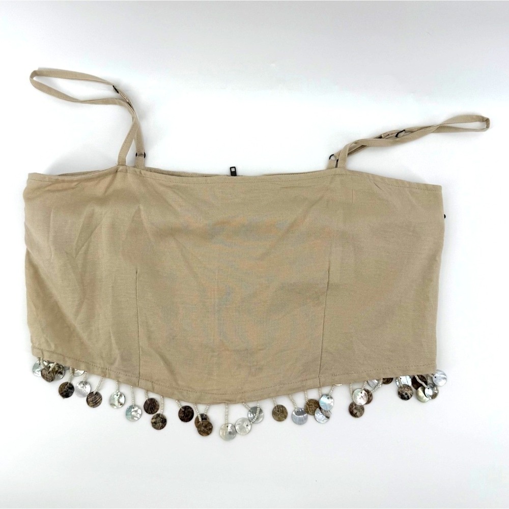 Jason Wu Linen Blend Crop Top Womens Beige Shell Fringe Cami Size 6